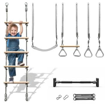 HyperMotion Gimnastičko-penjački set 5 u 1 sa šipkom za dovratnik - nosivost 100 kg, opterećenje dodataka 80 kg, podesiva užad, kućna i vrtna uporaba
