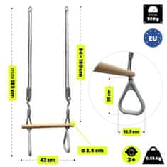 HyperMotion Gimnastički trapez za djecu s drvenom prečkom i obručima - podesiva užad 94 – 160 cm, nosivost 50 kg, vanjska igra i vježbe