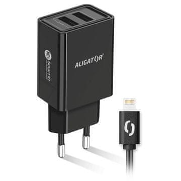 Aligator Mrežni punjač 2, 4A, 2xUSB, pametni IC, USB kabel za Apple - crni