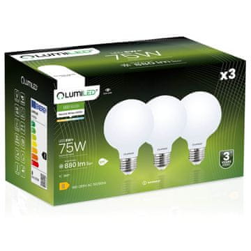 LUMILED 3x LED žarulja E27 sferna G95 8W = 75W 880lm 4000K neutralna 360° luminirana žarna nit