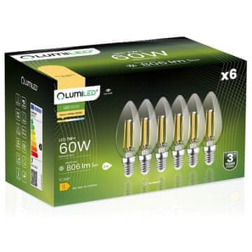 LUMILED 6x LED žarulja E14 svijeća B35 7W = 60W 806lm 3000K Topla 360° luminirana žarna niti
