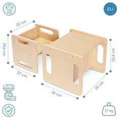 Mamabrum Drveni višenamjenski stolić i stolica s podestom - šest funkcija, Montessori namještaj za djecu, nosivost 50 kg, kompaktno spremanje
