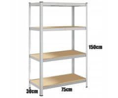 Blow Rack metalni regal, 4 polica, modularni dizajn, MDF ploče, galvanizirani čelik, srebrni, 150x75x30cm