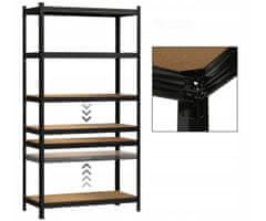 Blow Rack kovinski regal, 5 polica, modularni dizajn, MDF ploče, galvanizirani čelik, crni, 180x90x40cm