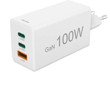 Hama GaN zidni punjač 2x USB-C 1x USB-A mini PD 100 W bijeli