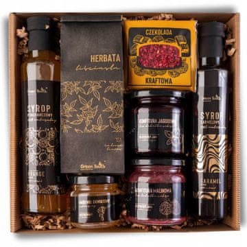 Poklon paket set: sirup od naranče, karamela, čaj, džemovi, med