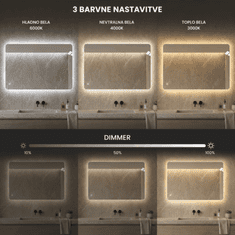 S6 Steklarstvo Šest LED ogledalo S645B, 100×80 cm / 80×100 cm, ambijentalna rasvjeta, 3 boje LED osvjetljenja, antifog funkcija