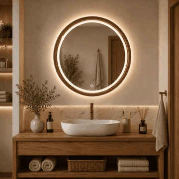 S6 Steklarstvo Šest LED ogledalo S614BR, fi 70cm, s crveno-smeđim drvenim okvirom