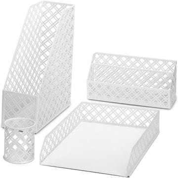Nikcorp Organizer za radni stol Exerz komplet 4 metalna organizera za dokumente i pisma, bijeli set: ladica A4 34 x 24,5 x 6,5 cm, stalak 34 x 25 x 9,5 cm, razvrstavač 26,5 x 12,5 x 8,5 cm, držač olovaka 8,5