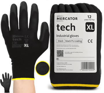 Rukavice za rad MERCATOR Tech Black+Black PU - XL - 12 pari
