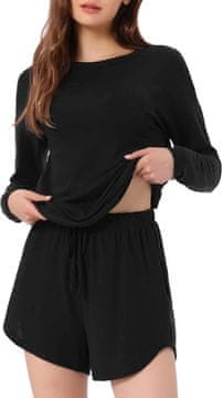 Nikcorp Ženski Cheibear komplet za loungewear pidžama bluza dugih rukava i kratke hlačice, crni relaxed fit, okrugli izrez, elastični pojas, bočni džepovi, 65% poliester 30% viskoza 5% elastan, veličina S