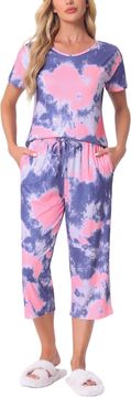 Nikcorp Cheibear ženski set pidžame tie-dye kratki rukav majica capri hlače ljubičasta S, dvodijelni loungewear prozračan upija vlagu džepovi