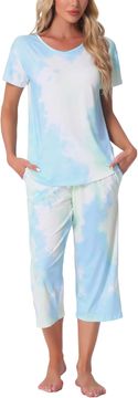 Nikcorp Ženska pidžama komplet Cheibear Tie-Dye majica kratkih rukava i hlače s elastičnim pojasom plava L džepovi, kućna odjeća loungewear