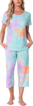 Nikcorp Ženska pidžama komplet Cheibear tie-dye majica kratki rukav okrugli izrez hlače capri 3/4 elastični pojas prozračno odvodi vlagu šarena L