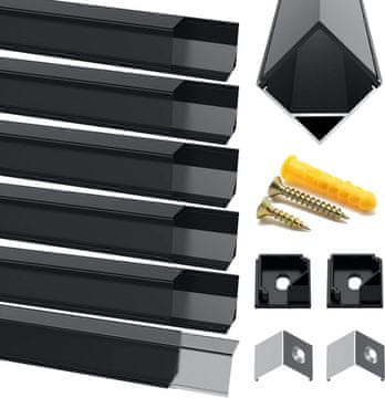 Nikcorp Aluminijski LED profil za kut CRNI komplet 6x1 m s difuzorom polikarbonat PC, V oblik, maks. širina trake 12 mm, za 3528 5050 5630, montaža nadžbukno ili u zid