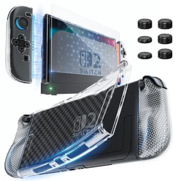 Nikcorp HEYSTOP torbica za Nintendo Switch 2 dockable set, prozirni TPU s kaljenim staklom 9H, zaslonska zaštita i 6 navlaka za analoge, ergonomična s odvojivim ručkama