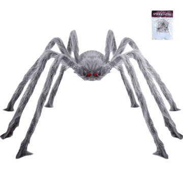 Nikcorp Halloween XXL divovski pauk FFTANXS 150 cm s paučinom i 12 šišmiša, sivi mekani pliš, crvene oči, fleksibilne noge za unutra i van