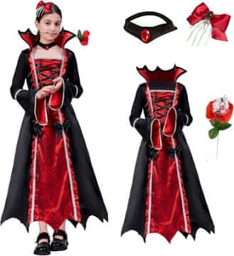 Nikcorp Vampirska dječja odjeća ZUCOS Preradba vampira kostim za Halloween, gotička elegancija, set s haljinom ovratnikom trakicom s motivom lubanje i tematskim žezlom Flower rod, duboka crna 7-9 godina