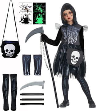 Nikcorp Kostim za Halloween IKALI Smrt djevojčice 4-6 godina, komplet s kapuljačom i dodacima: haljina rukavi čarape, torba za slatkiše, veličina 116 cm, 100% poliamid