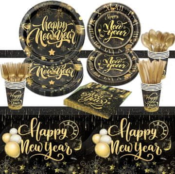 Nikcorp Set jednokratnog posuđa 81 kom Silvestar crno-zlatni za Novu Godinu 10 osoba papir, tanjuri 23,4 cm i 30 cm, 10 čaša, 20 salveta, pribor 10 setova, stolnjak