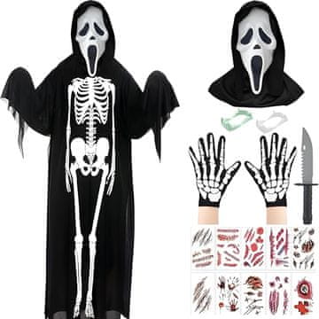 Nikcorp Dječji kostim kostura LUBANJA set s maskom i rukavicama, komplet za Halloween horor 90 cm, igračka nož, umjetni zubi i naljepnice, univerzalna veličina, crni