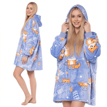 Nikcorp Kapućasta bluza-bunda Kocobluza 2u1 oversize s kapuljačom dvoslojna flanela i sherpa 230 g/m² veliki kengur džep ljubičasta s psićima 84 cm 80 cm OEKO-TEX 100 67 cm rukav