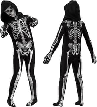 Nikcorp Dječji kostim lubanje set maska kombinezon s kapuljačom 3D print poliester Halloween maskenbal crno 120 cm