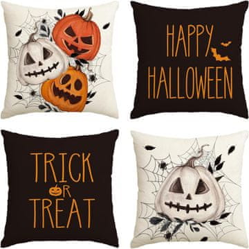 Nikcorp Dekorativne navlake za jastuke Halloween set 4 kom poliester 45x45 cm narančaste motiv paučine i bundeve skriveni patentni zatvarač za kauč fotelju krevet unutarnji prostori perivo u perilici