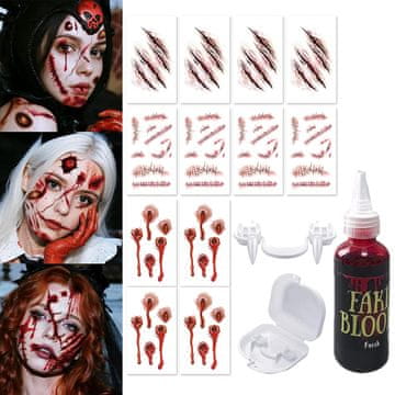 Nikcorp Halloween make-up komplet: tetovaže ožiljci koji se skidaju, umjetna krv 30 ml i uvlačivi vampirski zubi 12 naljepnica mehanizam na jezik, 2 nijanse krvi