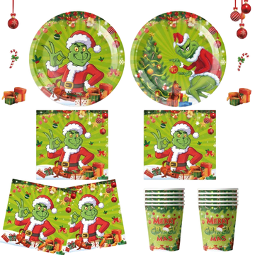 Nikcorp Jednokratni set za zabavu Grinch za 10 osoba, papirnati tanjuri čaše salvete Božić rođendan, bio-razgradivi premium papir, materijal za hranu, set 30 kom