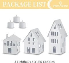 Nikcorp Dekorativni LED lampion u obliku kućice metal set 3 kom bijeli, ugrađena LED svijeća bez plamena demontažna konstrukcija, dimenzije 9x10.6 cm 9.8x14.3 cm 8x20.5 cm