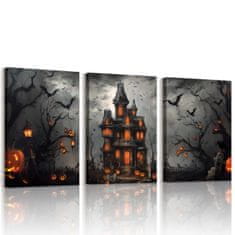 Nikcorp Set od 3 slike na platnu Halloween bundeve dvorac šišmiši, narančasta, tisak na platnu, spremno za vješanje, 40 x 60 cm