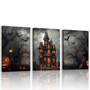 Nikcorp Set od 3 slike na platnu Halloween bundeve dvorac šišmiši, narančasta, tisak na platnu, spremno za vješanje, 40 x 60 cm
