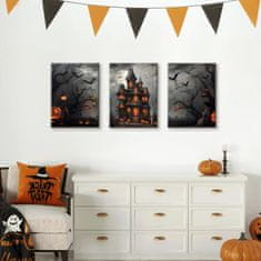Nikcorp Set od 3 slike na platnu Halloween bundeve dvorac šišmiši, narančasta, tisak na platnu, spremno za vješanje, 40 x 60 cm