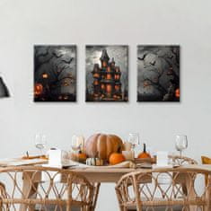 Nikcorp Set od 3 slike na platnu Halloween bundeve dvorac šišmiši, narančasta, tisak na platnu, spremno za vješanje, 40 x 60 cm