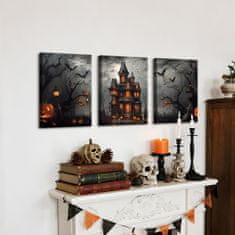 Nikcorp Set od 3 slike na platnu Halloween bundeve dvorac šišmiši, narančasta, tisak na platnu, spremno za vješanje, 40 x 60 cm