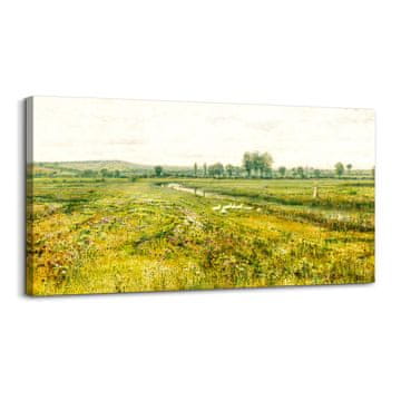 Nikcorp Slika na platnu vintage pejzaž slika na platnu Meodows by the Stream 50 x 100 cm HD Micro Spray zidna dekoracija za dnevni boravak spavaću sobu crna kuka zeleno