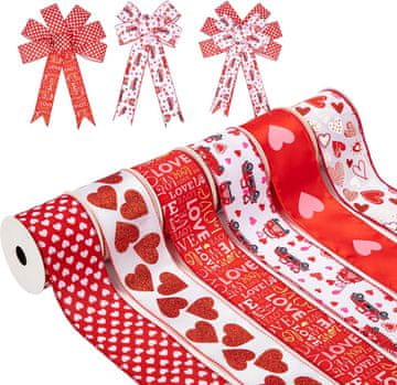 Nikcorp Set ukrasnih vrpci za Valentinovo 6 rola ukupno 27 m s žičanim rubom širina 6 cm romantični uzorci srca svjetlucava srca točkice poljupci pruge juta/burlap