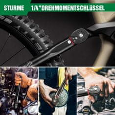 ABS Momentni ključ 1/4" Profesionalni 5-25 Nm čelični crni, čegrtaljka s preklopnikom smjera i blokadom podešavanja, Click-Stop zvučni klik, za bicikl i motocikl, servisni automehanički radovi