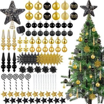 Nikcorp Set od 104 ukrasa za božićno drvce crno zlatni komplet kugle 3-6 cm, zvijezda vrh 20 cm, girlanda biserna 8 mm x 8 m, ledenice 13 cm, štipaljke vrpce 42 kom, plastika pjena tkanina
