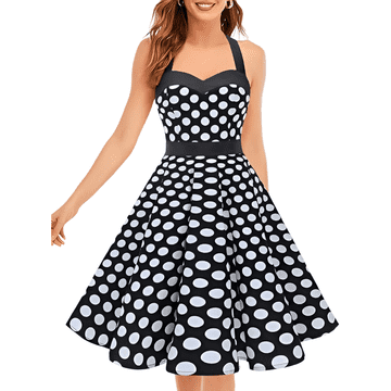 Nikcorp Ženska midi koktel haljina Retro 1950-ih vintage, polka dot, crna s bijelim točkicama, kroj Fit and Flare A-linija, XXL, 98% pamuk 2% elastan, skriveni bočni patentni zatvarač