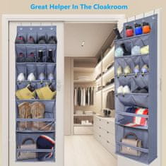 Nikcorp Viseći organizator za cipele Oxford tkanina 16 džepova 42x16,5x145 cm sivi do 20 kg 4 metalne kuke za vrata 3,4-4 cm