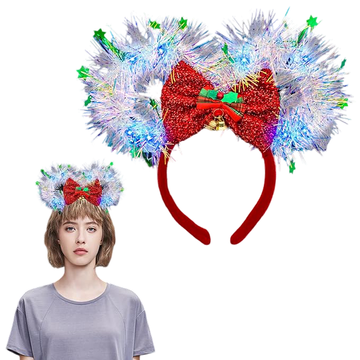 Nikcorp Svjetleća traka za kosu Luminous Headband s blistavim zvjezdicama i mašnom, srebrna, elastična svjetlucava dekoracija za blagdane, karneval i foto