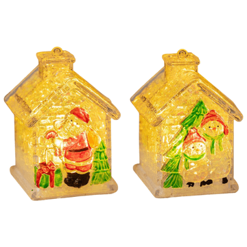 Nikcorp Božićna LED dekoracija mini božićno selo set od 2 kom prozirne kućice 8x5 cm toplo svjetlo glitter snjegovići Djed Božićnjak unutarnja zimska scena