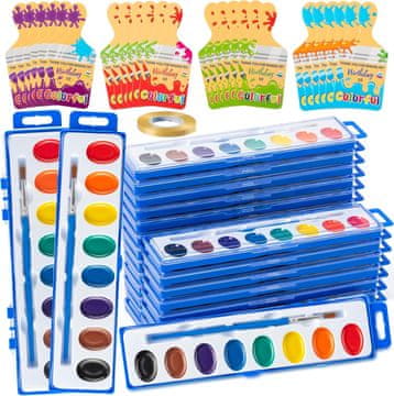 Nikcorp Set od 24 akvarelne boje za djecu s kistom, perive boje bez mirisa i štetnih tvari, paleta 8 boja (crvena, žuta, narančasta, zelena, plava, ljubičasta, smeđa, crna) + 24 kista + kartice zahvale +