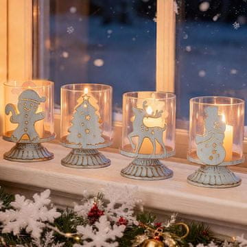Nikcorp Božićni svijećnjak vintage metalni za tealight set 4 kom ukrasi snjegović božićno drvce medenjaci sobovi bijeli promjer postolja 7 cm sa zaštitnim staklom