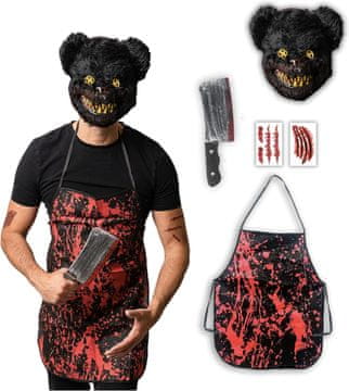 Nikcorp Horor kostim medvjeda Halloweenmania, set 5 elemenata: maska, imitacija noža, krvava pregača, 2 lista tetovaža, za odrasle i mlade 14+ One Size