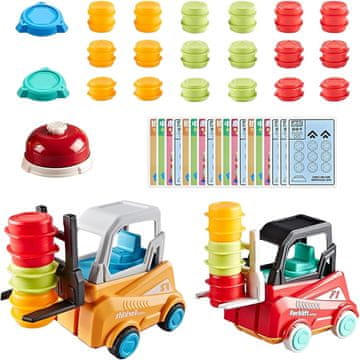 Nikcorp Edukativna igračka set 2 viljuškara za djecu ABS plastika, slaganje i logistika, 18 bačvi + 18 kartica zadataka + čegrtaljka, za igru kod kuće i vani