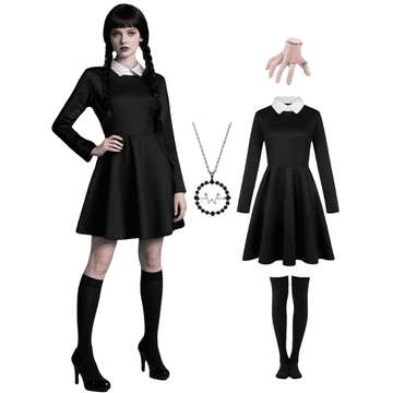 Widmann Ženski kostim Wednesday Addams, Prerušavanje za Noć vještica, crna retro haljina s bijelim ovratnikom i manšetama, set s Rączkom i podkoljenicama, poliester, veličina XS