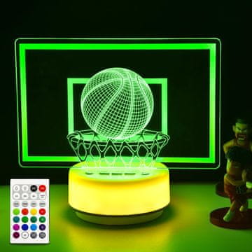 Nikcorp 3D LED noćna lampica Košarka RGB s daljinskim upravljačem, akrilna ploča polikarbonat PC postolje, USB-C ili 3x AA, timer i regulacija svjetline, 14 boja, sportski dekor za dječju sobu i radni stol
